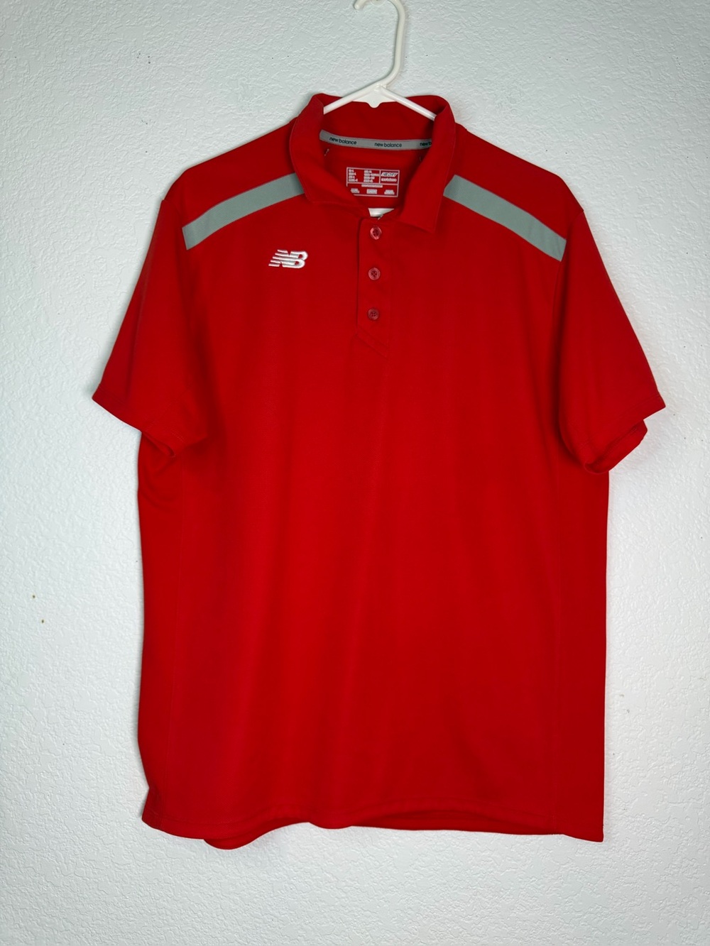 New Balance Men's Red Polo with Gray Reflective Shoulder Stripes, Size L